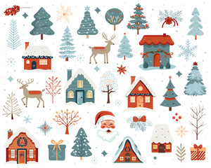 Scandi christmas illustration, cute houses, trees, deer, santa claus. Big set of hand drawn christmas elements.