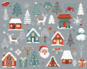 Set of scandi christmas elements. Hand drawn christmas illustration, cute houses, trees, deer, santa claus.