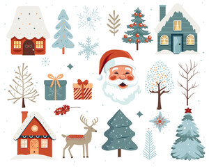 Obraz na płótnie Canvas Scandi christmas illustration, cute houses, trees, deer, santa claus. Big set of hand drawn christmas elements.