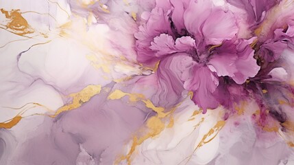  a painting of purple flowers on a white and gold background.  generative ai