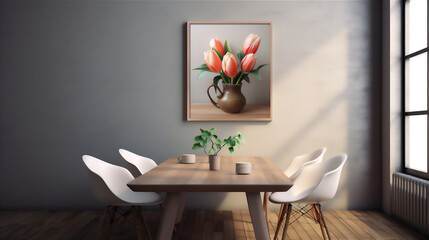 plain wall interior with empty photo frame mounted on the wall, tulip flowers in pot on the table