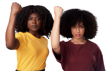 Fist, strong and power portrait of black women or friends together for protest, empowerment or freedom. Serious people isolated on transparent, png background for motivation, human rights and support