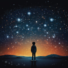 Fototapeta na wymiar Boy Gazing at Star Constellations Shaping Molecular Patterns