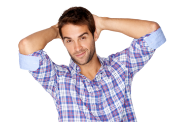 Confident, sexy smile and portrait of a man with pride, happiness or casual fashion to relax on isolated, transparent or png background. Happy, guy and face with calm or cool pose in plaid shirt