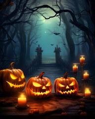 Halloween night, pumpkins, dark atmosphere,  illustration for t-shirt, mugs, poster