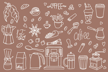 Cute doodle cartoon cafe icons. Set of hand drawn coffee designs: drinks, snacks and coffee utensils. Vector outline hand drawn coffee and bakery for cafe menu. Vector