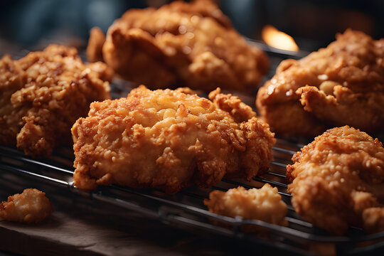 cinematic food photography of fried chicken 35mm, food photography, film, bokeh, professional, highly detailed