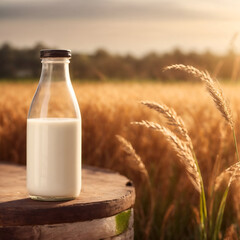 mockup milk bottle on farm background, glass bottle, for advertising