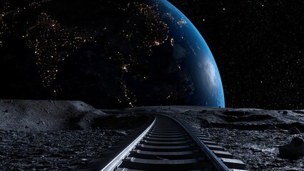Railway tracks extend across a barren lunar landscape with a detailed view of a brilliantly illuminated Earth planet displaying city lights, set against a vast starry sky. 3d illustration
