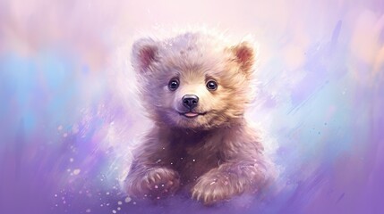  a painting of a baby bear sitting on a purple background.  generative ai