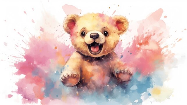  a watercolor painting of a teddy bear with its mouth open.  generative ai