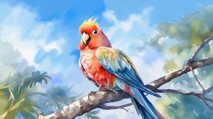  a colorful bird sitting on a tree branch with a blue sky in the background.  generative ai