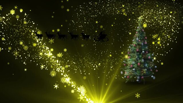 Animation of santa claus in sleigh with reindeer over shooting star and christmas tree