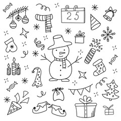 Set with snowman and Christmas doodle elements. Christmas trees, skates, Christmas boot, sweets, gift boxes, snowflakes. Winter holidays attributes. Line art.