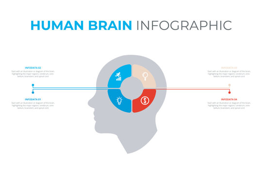 Infographics template with head, brain and business icons. Vector illustration. Can be used for workflow layout, diagram, business step options, banner, web design.