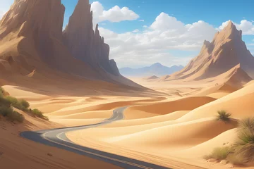 Cercles muraux Cappuccino desert landscape with clouds blue sky mountains wind sand and road in wide angle view and animation style