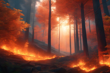 Forest fire disaster illustration, trees burning  wildfire nature destruction, damaged environment caused by global warming and human error - obrazy, fototapety, plakaty