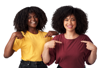 Happy, black women or friends pointing finger at t shirt for fashion, advertising or freedom. Young african people isolated on a transparent, png background for motivation, template or blank clothes
