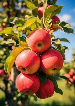 An AI illustration of a bunch of red apples hanging on the tree with blue sky background