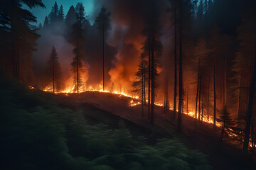 Fototapeta na wymiar Forest fire disaster illustration, trees burning wildfire nature destruction, damaged environment caused by global warming and human error
