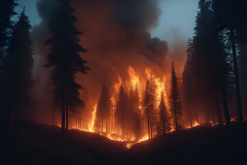 Forest fire disaster illustration, trees burning  wildfire nature destruction, damaged environment caused by global warming and human error