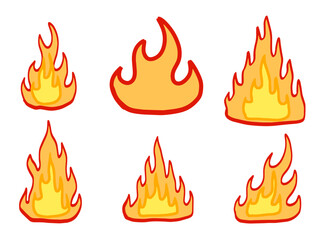 Red fire and orange flame. Collection of Campfire element. Hot bonfire kit. Heat and warm object. Cartoon flat illustration