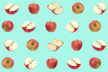 Colorful fruit pattern of fresh red, green apples on blue background. texture design for textiles, wallpaper, fabric. From top view.