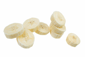 Flying banana slices, isolated on white background.