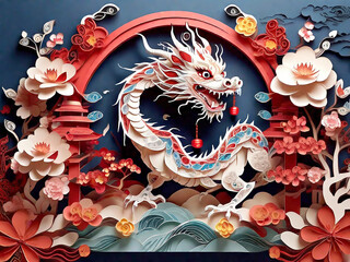 Paper Cut Craft Zodiac Dragon At Chinese New Year Traditional Festive. Generative Ai

