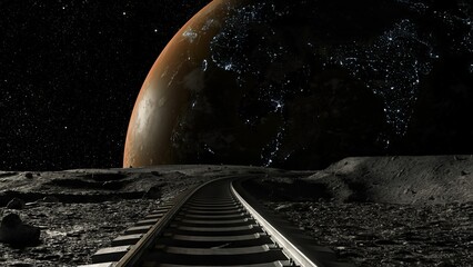 A seemingly endless set of railway tracks stretches across a barren lunar or alien terrain, leading towards a breathtaking view of a nearby planet or Earth, illuminated by city lights. 3d illustration
