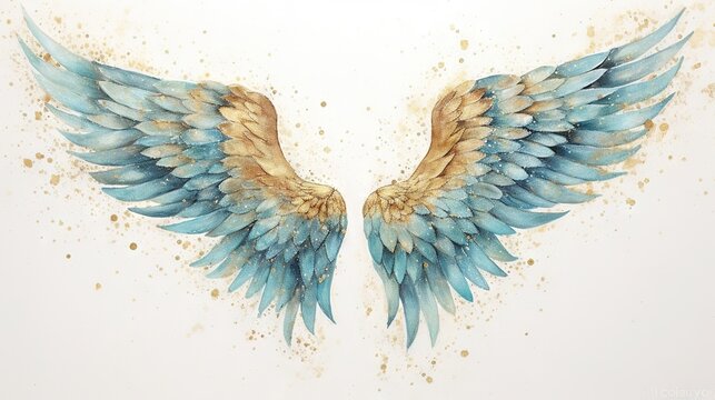  a painting of a pair of blue and gold wings on a white background.  generative ai
