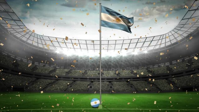 Animation of golden confetti falling over waving argentina flag against sport stadium