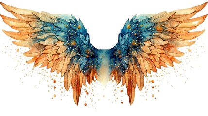  a watercolor painting of an orange and blue bird's wings.  generative ai