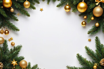 Christmas background with branches and balls on white background,Flat lay, top view, copy space.