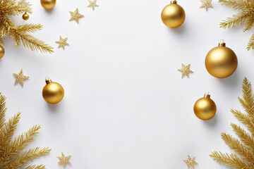 Christmas background with gold ornaments on white background. flat lay, top view, space for copy.