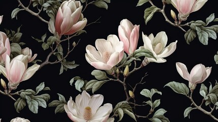  a black background with pink and white flowers and green leaves.  generative ai