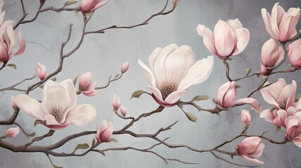  a painting of a branch with pink flowers and leaves on it.  generative ai