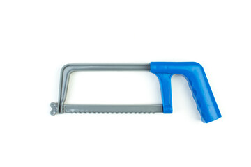 Hand saw, tool, children's toy on an isolated background. Copy space. Top view.