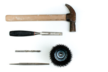 ax, chisel, drill, metal nozzle brush for electric drill for grinding brush head brush on white...