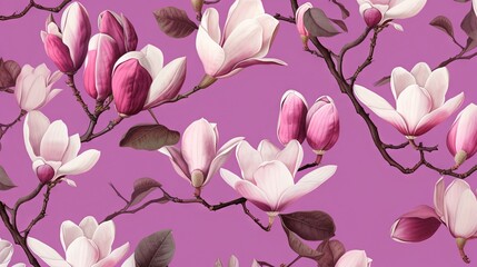  a purple background with pink and white flowers and leaves on a branch.  generative ai