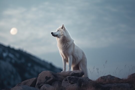 Cinematic Shot Of White Wolf Howling At The Moon On Mountaintop