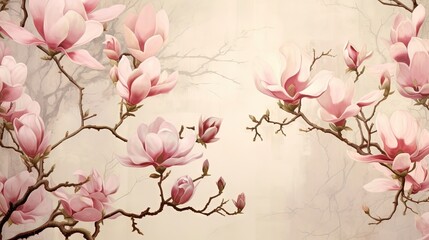  a painting of pink flowers on a tree branch with no leaves.  generative ai