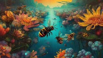 Fototapeta na wymiar a painting of two bees flying over a river surrounded by flowers. generative ai