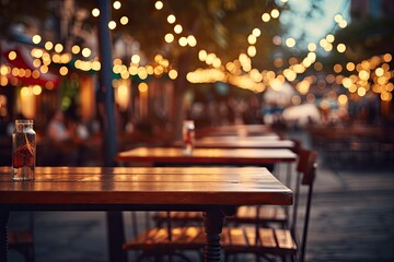 An outdoor empty table with blurred busy cafe background - obrazy, fototapety, plakaty