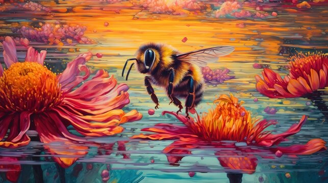  a painting of a bee flying over a pond of water.  generative ai