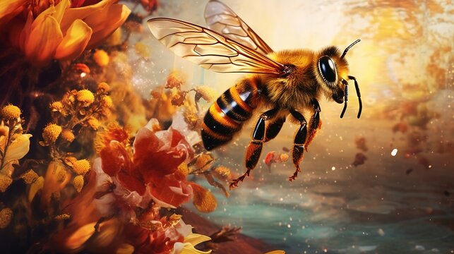  a painting of a bee flying over a bunch of flowers.  generative ai