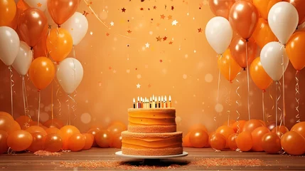 Fotobehang  a birthday cake with lit candles surrounded by orange and white balloons.  generative ai © Nadia