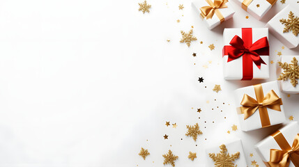 Christmas and New Year holiday background. Xmas greeting card. Christmas gifts on white background top view. Noel. Flat lay