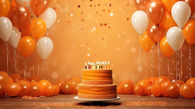  a birthday cake with lit candles surrounded by orange and white balloons.  generative ai