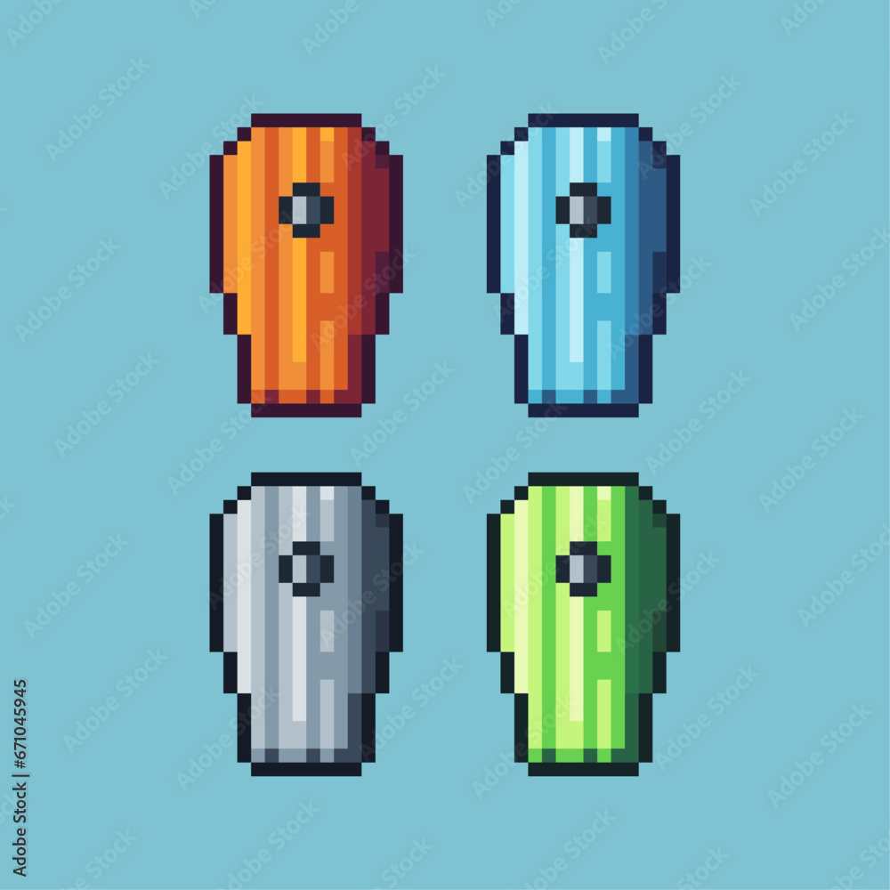 Poster pixel art sets of long shield with variation color item asset. simple bits of golden shield pixelate
